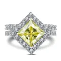 Elegant S925 silver ring featuring a 3CT princess cut yellow stone and halo setting - Size 6 / Lemon Yellow