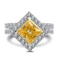 Luxury S925 silver ring featuring a 3CT princess cut yellow stone with halo and pavé band - Size 6 / Gold Yellow