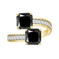 Bague en argent S925 doré avec doubles pierres noires carrées et zircons clairs - Noir
