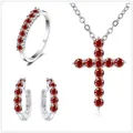 Schmuckset aus 925er Silber mit roten Moissanit-Steinen Ring Halskette und Ohrringe - Granatrot