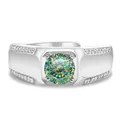 Detalle del sello S925 en anillo de plata pulida con piedra redonda de corte irisado - Abierto Ajustable / Moissanita Cian Multifacética