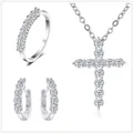 S925 Sterling Silber Schmuckset mit Ring, Creolen und einer Kreuzkette für Damen - Größe 5 / Weiß
