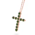 Rose gold cross necklace set with 11 round blue moissanite stones on a fine link chain - 1.1 Carat (3mm*11PCS) / Dark Green