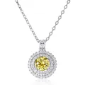Close-up of double halo yellow moissanite pendant with sterling silver chain and stones - 1 Carat 6.5mm / Lemon Yellow