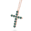 Rose gold cross necklace set with eleven round-cut blue moissanite stones on O-chain - 1.1 Carat (3mm*11PCS) / Teal