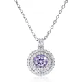 Macro view of round cut purple moissanite pendant with double halo and silver chain - 1 Carat 6.5mm / Light Purple