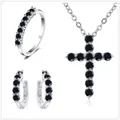 Elegantes S925 Sterling Silber Schmuckset mit runden schwarzen Steinen und Kreuzanhänger - Größe 5 / Schwarz