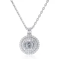 Macro detail of round double halo moissanite pendant on a high-polish silver chain - 1 Carat 6.5mm / White