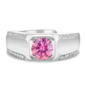 Anillo de plata S925 con una gran gema rosa redonda y pavé de diamantes blancos - Abierto Ajustable / Rosa