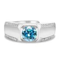 Anillo de hombre en plata 925 con moissanita azul redonda y detalles de diamante plata - Abierto Ajustable / Aguamarina