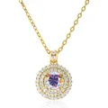 Golden moissanite necklace with rainbow aura pendant and double halo crystal accents - 1 Carat 6.5mm / Round Brilliant Cut / AB Color
