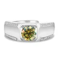Anillo de plata 925 para hombre con moissanita verde amarillenta y detalles - Abierto Ajustable / Verde oliva