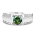 Anillo de plata 925 con moissanita verde grande y detalles de diamantes laterales - Abierto Ajustable / Verde Oscuro