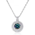 Sparkling blue-green moissanite necklace with double halo diamonds in 925 silver - 1 Carat 6.5mm / Rainbow