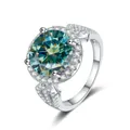 Elegant S925 sterling silver ring with 5ct round blue-green moissanite halo setting - Size 5 / Teal