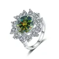 Elegant S925 silver sunflower ring with yellow moissanite and teardrop stones - Size 5 / Dark Green