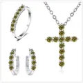 S925 Sterling Silber Schmuckset mit 2,8CT olivgrünem Moissanit-Ring und Kreuzhalskette - Gelbgrün