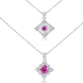 Macro view of square silver necklace pendant with pink moissanite and white diamonds - 1 Carat 6.5mm / Multi-faceted Pink