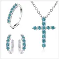 Moissanit S925 Silber Schmuckset mit Kreuzanhänger, Ring und Ohrringen in Blau - Original Blau