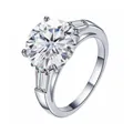 Detailed macro view of S925 silver three-stone ring with 5ct round moissanite - Size 5 / D Color