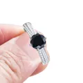 Classic silver ring with six-prong set black round gemstone and double row of side diamonds - US 5 / Black
