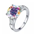 Elegant 925 sterling silver ring with 5-carat round moissanite and side baguettes - AB Rainbow