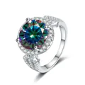 Elegant 5-carat round colorful moissanite ring with halo setting in silver finish - Size 5 / Rainbow