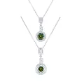 Silver necklace featuring a round 5-carat green moissanite pendant with halo diamonds - Dark Green