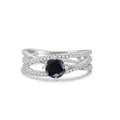 S925 silver ring with black round gemstone and white side stones on triple cross band - Size 5 / Black