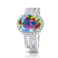 Anello in argento 925 con gemma arcobaleno ovale e fascia con tre file di diamanti - US 7 / Colore AB