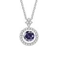 Macrodetail van de paarse moissanite halo hanger met een glanzende zilveren ketting - 1CT 6.5MM / Violet Blauw