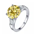 Luxury S925 silver ring featuring a 5-carat round yellow moissanite and baguette side stones - Lemon Yellow