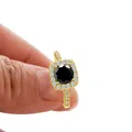 Vintage 18K gold plated S925 silver ring with 1ct round black gemstone and halo pavé - US 5 / Black