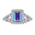 925 sterling silver ring featuring a rectangular blue-green mystic topaz with halo - US 5 / AB Rainbow