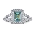 Elegant 925 silver ring featuring emerald cut green zircon with micro pave halo setting - US 5 / Teal