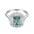 925 silver ring featuring an emerald-cut green moissanite with floral cluster setting - US 5 / Teal