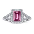 S925 silver ring with emerald-cut pink gemstone and halo split-shank design - Pink