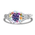 Sterling silver moissanite ring with a brilliant round cut colorful main stone in silver - AB Rainbow