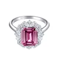 925 silver ring with rectangular pink moissanite stone and flower halo setting - Pink