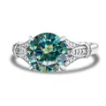 925 silver ring with a large round cyan-green moissanite and micro-pave diamonds - Teal