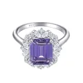 925 silver ring with rectangular purple moissanite stone in a floral halo setting - Light Purple