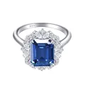 Radiant 925 sterling silver ring with rectangular blue moissanite in flower setting - Royal Blue
