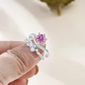 Close-up of S925 silver set with pink gemstone ring and curved diamond band - Pink