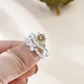 Detail of champagne moissanite wedding set in S925 sterling silver with wave band - Original Yellow