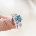 Luxury S925 sterling silver ring set with light blue moissanite and side stones - Original Blue
