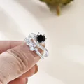 Elegant S925 sterling silver ring set with round black moissanite and pave stones - Black