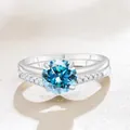 S925 sterling silver jewelry set featuring a deep blue moissanite ring and V-shaped band - Aqua