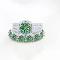 Green moissanite halo ring set with round emerald-cut stones in 925 sterling silver - Size 5 / 2-Piece Ring Set / Teal