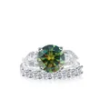Luxurious 925 silver ring set with large green round moissanite and side pear stones - Size 5 / Dark Green