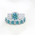 9CT moissanite halo ring set with round blue gemstone and pavé accents in S925 silver - Size 5 / 2-Piece Ring Set / Original Blue